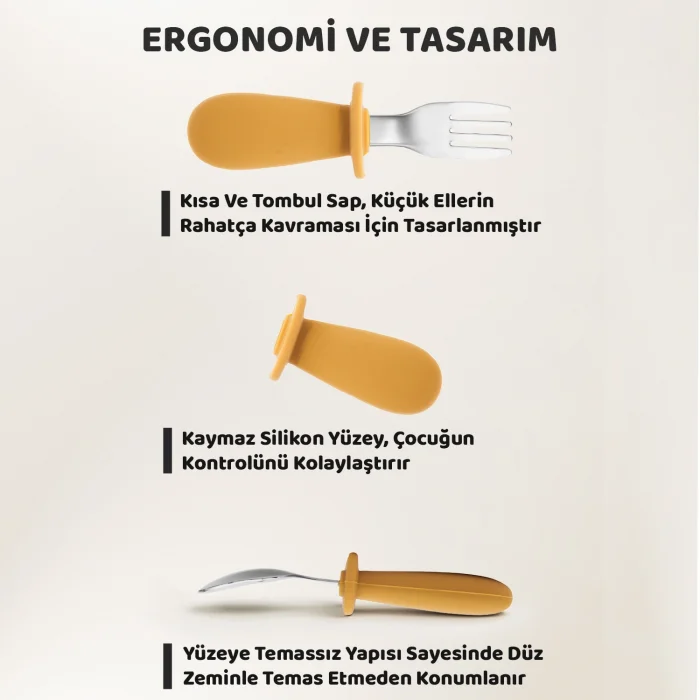 Silikon Saplı Bebek Çelik Çatal Kaşık Bıçak Seti, 316L Çelik, BLW, Saklama Kutulu, Turuncu