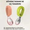 Bebek Çatal Kaşık Seti, Paslanmaz Çelik, Silikon Saplı, Pudra Yeşil