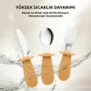 Silikon Saplı Bebek Çelik Çatal Kaşık Bıçak Seti, 316L Çelik, BLW, Saklama Kutulu, Turuncu