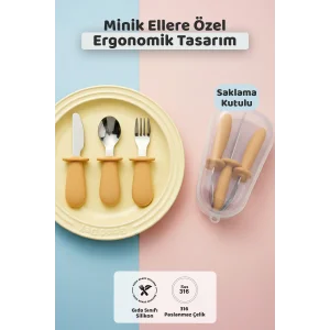 Silikon Saplı Bebek Çelik Çatal Kaşık Bıçak Seti, 316L Çelik, BLW, Saklama Kutulu, Turuncu