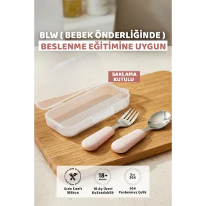 Silikon Saplı Paslanmaz Çelik Çatal Kaşık Seti, 18+ Ay, Pembe