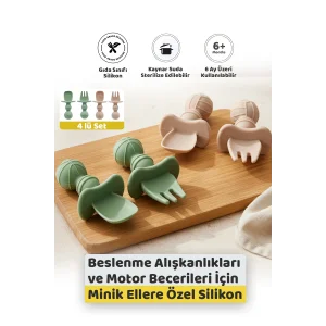 Silikon Bebek Kaşık Çatal Seti 4’lü, BLW, Gıda Sınıfı Silikon, Krem Yeşil