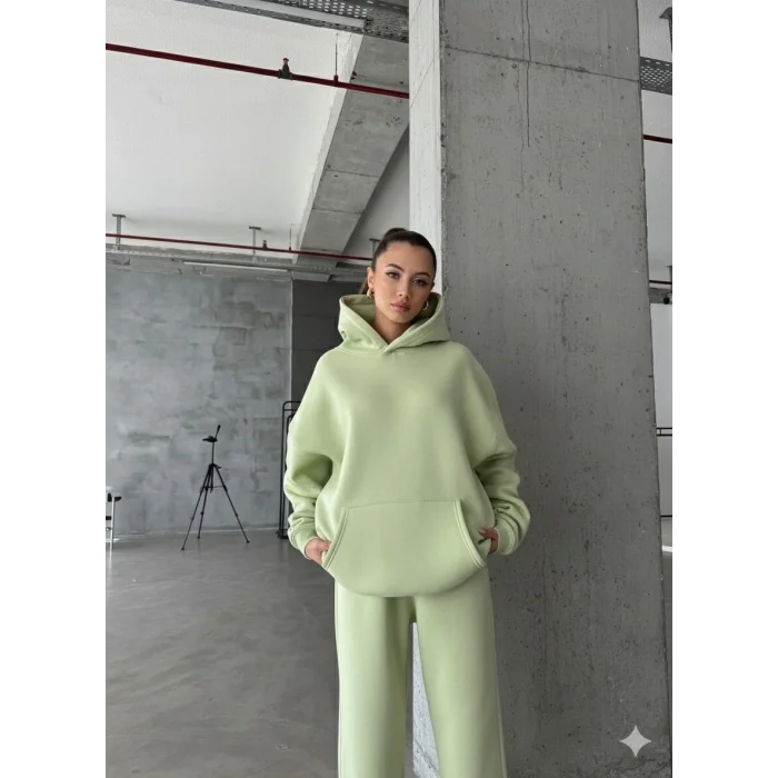 3 iplik şardonlu kapşonlu sweatshirt mint p510436