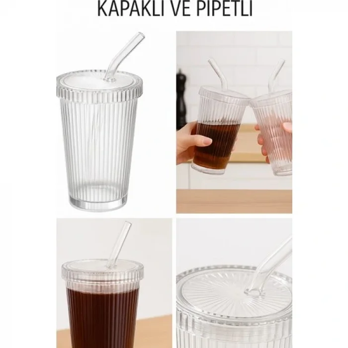 32 Adet Latte Kapaklı Pipetli Kristal Desen Fenomen Bardak Soğuk Kahve, Smoothie, Içecek Bardağı