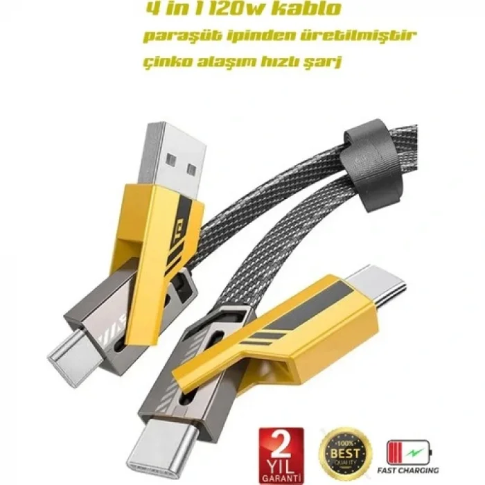 Buğz 4in1 Pd 65 Watt Type-C/27 Watt iPhone Halat Örgü Kırılmaz Uç 1mt Hızlı Şarj ve Data Kablosu FP98