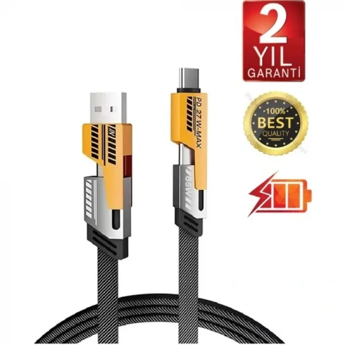 Buğz 4in1 Pd 65 Watt Type-C/27 Watt iPhone Halat Örgü Kırılmaz Uç 1mt Hızlı Şarj ve Data Kablosu FP98