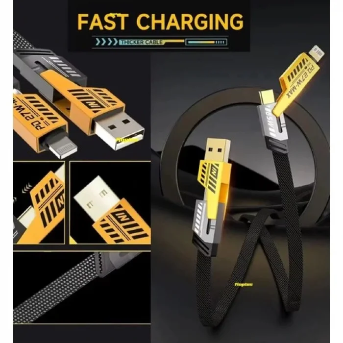 Buğz 4in1 Pd 65 Watt Type-C/27 Watt iPhone Halat Örgü Kırılmaz Uç 1mt Hızlı Şarj ve Data Kablosu FP98