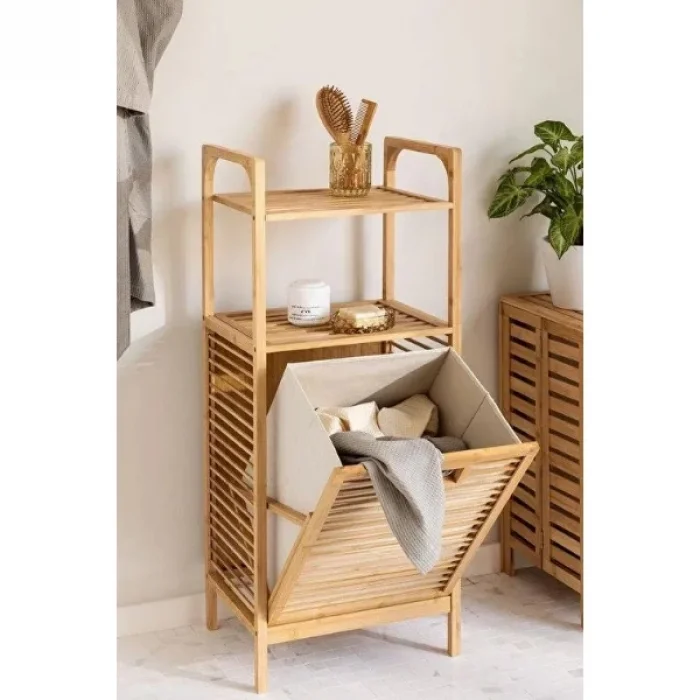 2 Organizer Raflı Ahşap Bambu Çek-Aç Kirli Sepeti