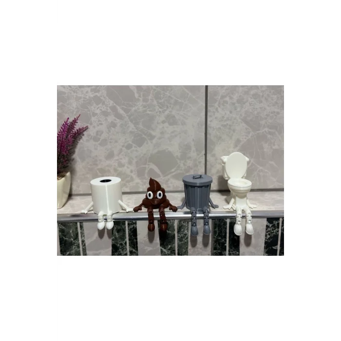 4lü Eğlenceli Banyo Dekoratif Figür Seti /Tuvalet Kağıdı, Kaka Emojisi, Çöp Kovası, Klozet Aksesua