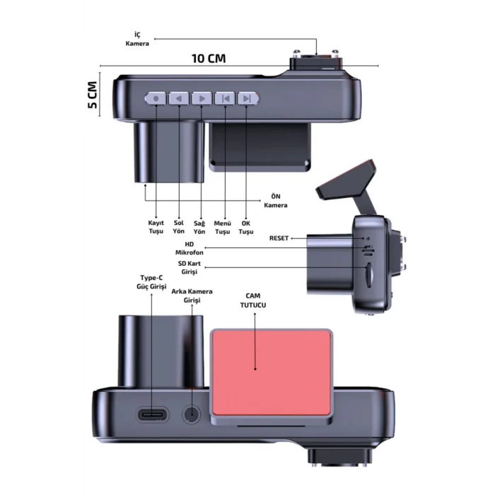 A-98 WiFi Full HD 3 Kameralı Araç İçi Güvenlik Kamerası + Park Modu Kablosu Ön-Arka-İç Kayıt,DashCam