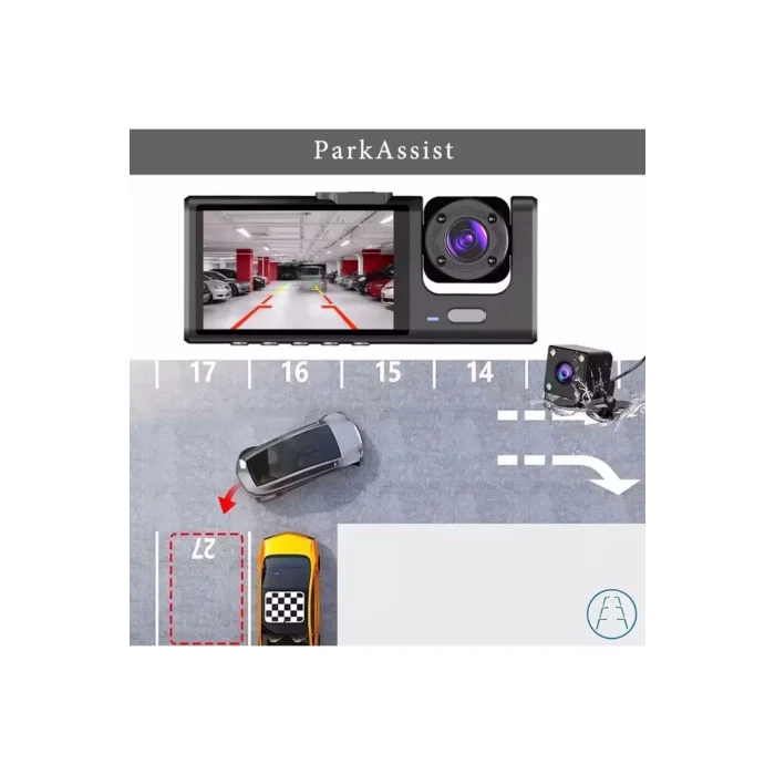 64GB Araç İçi Kamera 3 Kameralı (Yol + Araç İçi+ Arka) FHD Video Kayıt Mikrofonlu Türkçe CC-33