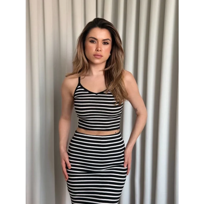 Çizgili etek crop takım