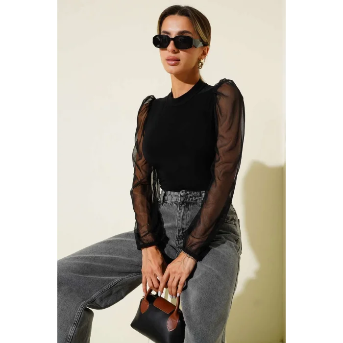 Dik yaka tül kollu bluz siyah t3066