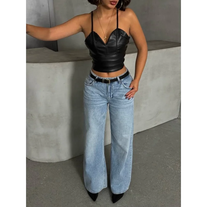 İp askılı yandan fermuarlı rastale deri crop siyah s24113