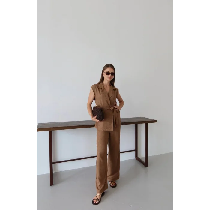Keten yelek pantolon takım kahve pt