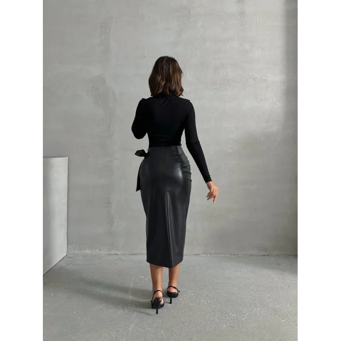 Kuşaklı uzun deri etek siyah h26414