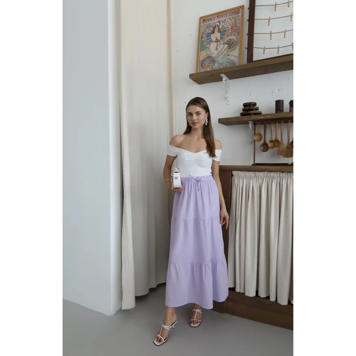 Müslin kumaş keten uzun etek lila pt