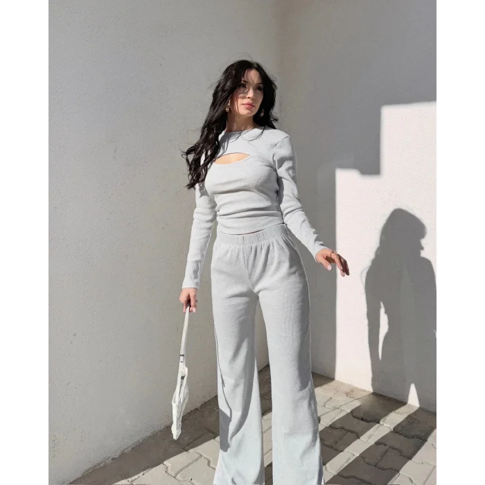 Pencereli detaylı alt üst takım gri w3864