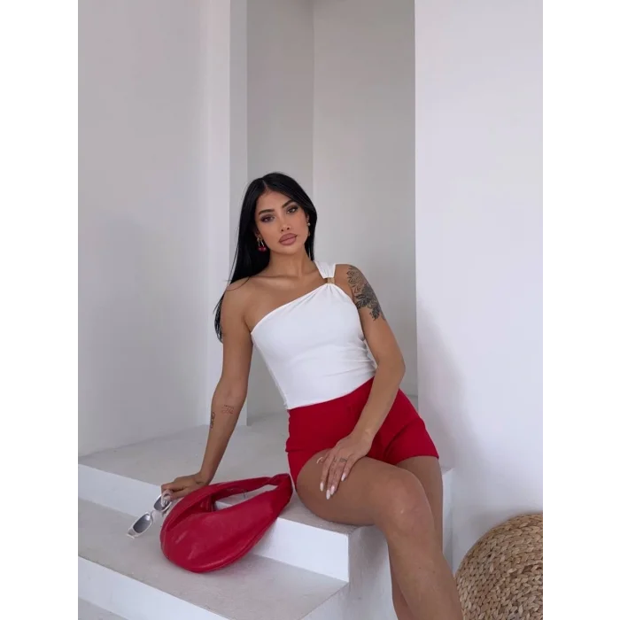 Tek omuzlu Otoman kumaş gold metal detaylı bluz s2311