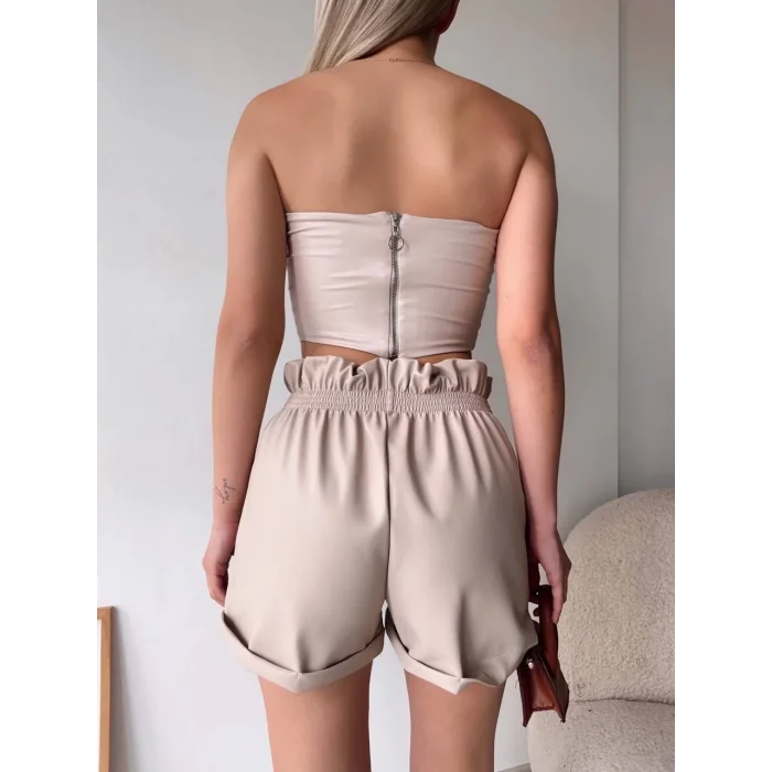 Tüllü deri crop bej w24615