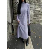 Boğazlı kalın bürümcük uzun elbise gri
