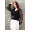 Tokalı tül kollu bluz siyah t4071