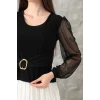 Tokalı tül kollu bluz siyah t4071