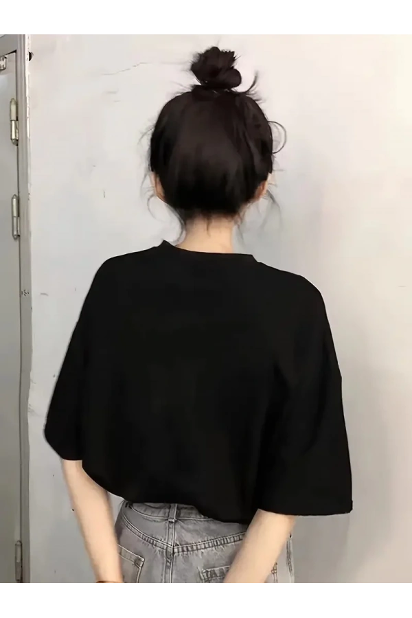 20/1 Penye Compack Baskılı Oversize Kısa Kol Bisiklet Yaka T-shirt - Siyah