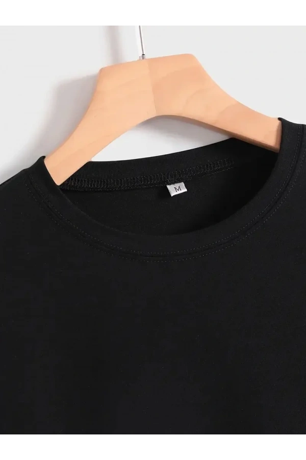 20/1 Penye Compack Baskılı Oversize Kısa Kol Bisiklet Yaka T-shirt - Siyah