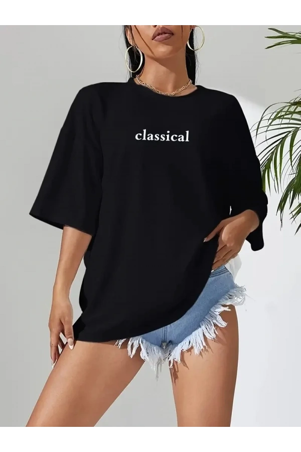 20/1 Penye Compack Classical Baskılı Siyah Oversize Tişort - Siyah