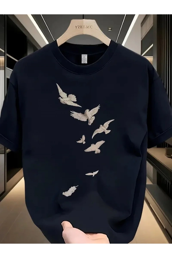 20/1 Penye Compack Özgür kuşlar Baskılı Baskılı Oversize Bisiklet Yaka T-shirt - Beyaz