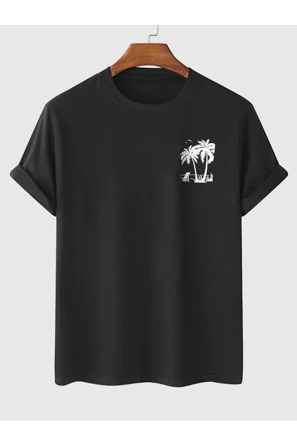 20/1 Penye Compack Palmiye Baskılı Oversize Bisiklet Yaka Kısa Kol T-shirt - Siyah