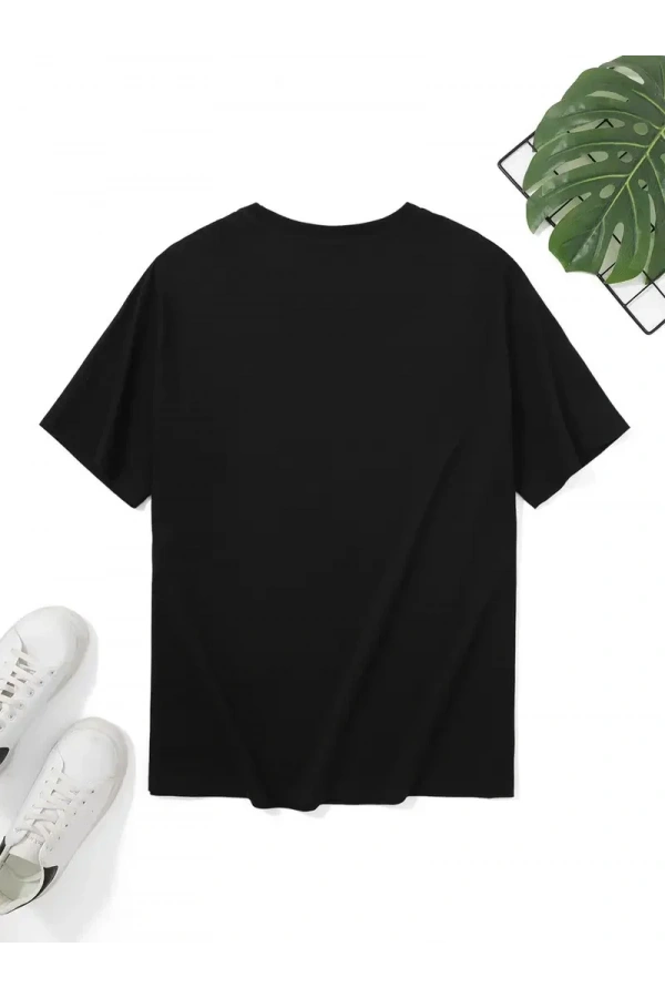 20/1 Penye Compack Palmiye Baskılı Oversize Bisiklet Yaka Kısa Kol T-shirt - Siyah