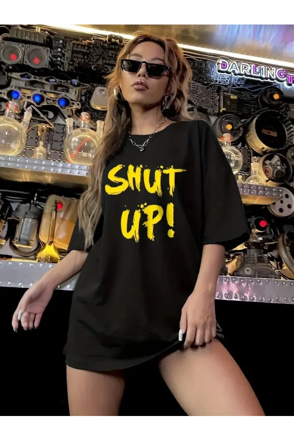 20/1 Penye Compack Shut up Baskılı Oversize Bisiklet Yaka Kısa Kol T-shirt - Siyah