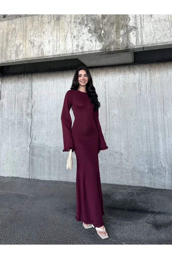 Acık Sırt Detaylı Maxi Uzun Boy Elbise- Bordo