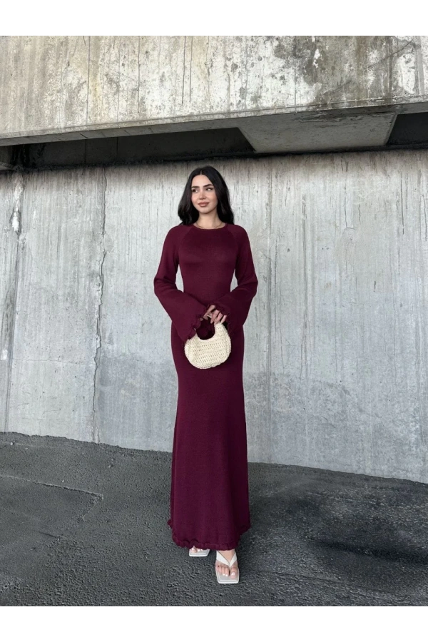 Acık Sırt Detaylı Maxi Uzun Boy Elbise- Bordo