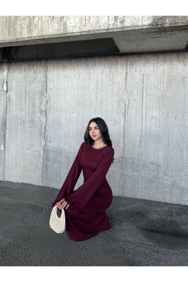 Acık Sırt Detaylı Maxi Uzun Boy Elbise- Bordo