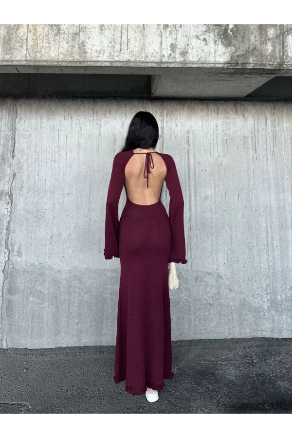 Acık Sırt Detaylı Maxi Uzun Boy Elbise- Bordo