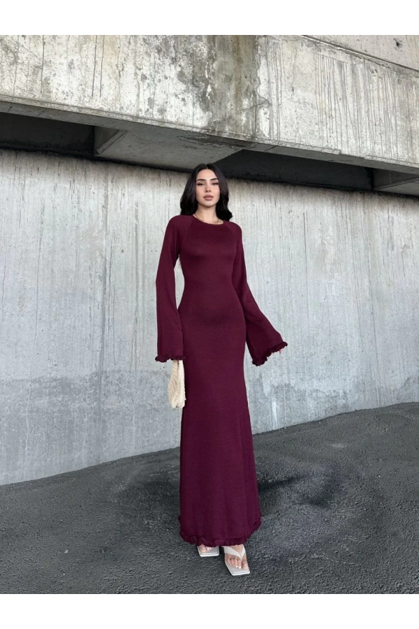 Acık Sırt Detaylı Maxi Uzun Boy Elbise- Bordo