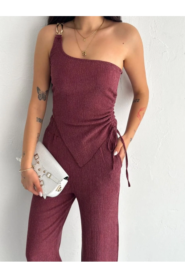 Asimetrik Crop Pantalon ikili Takım - Gül Kurusu