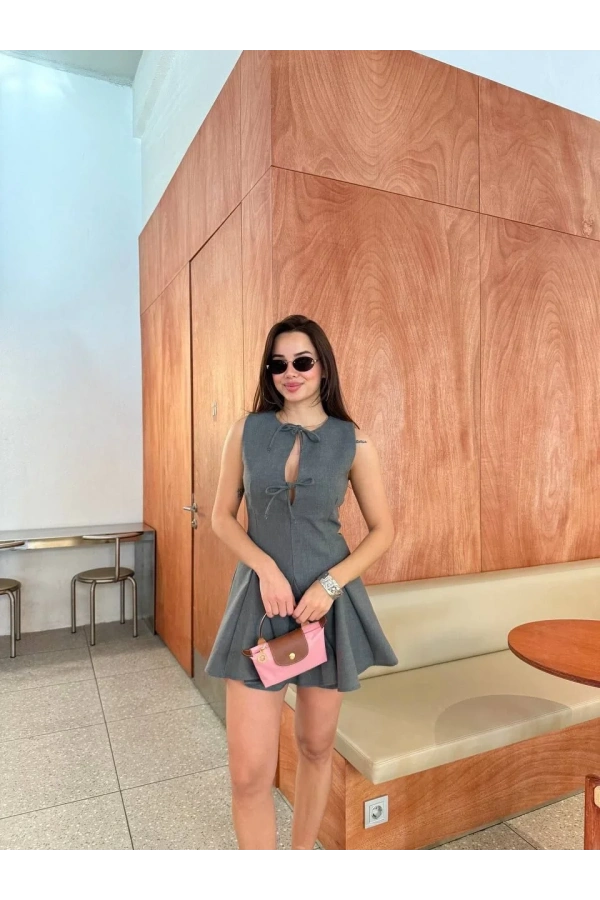 Bağcık detaylı Kolsuz Mini Elbise - Antrasit