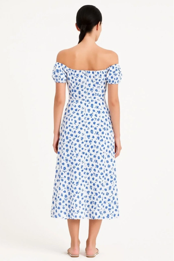 Bardot Omuzu Acık Çiçek Desenli Elbise - Desenli