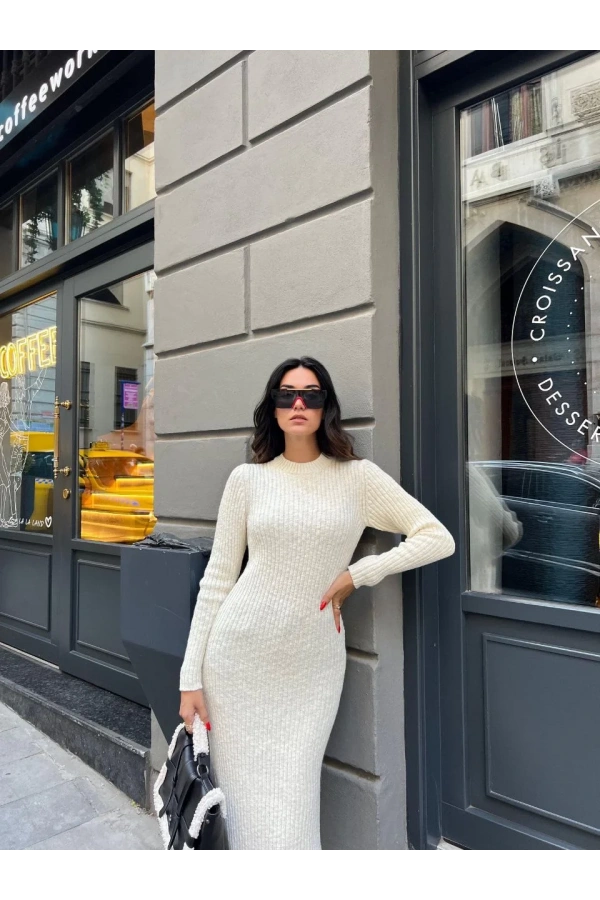 Bisiklet Yaka Fitilli Uzun Elbise - Beyaz