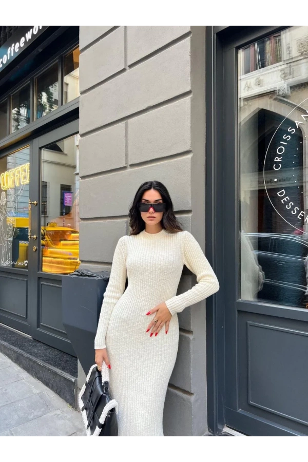 Bisiklet Yaka Fitilli Uzun Elbise - Beyaz