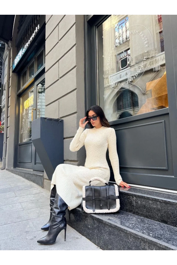 Bisiklet Yaka Fitilli Uzun Elbise - Beyaz