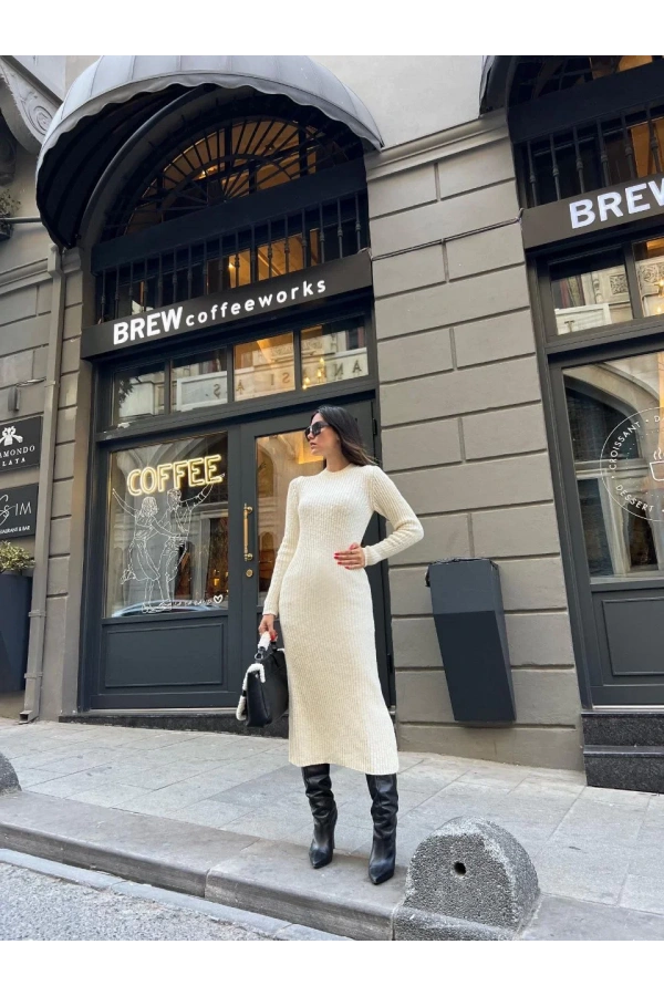 Bisiklet Yaka Fitilli Uzun Elbise - Beyaz