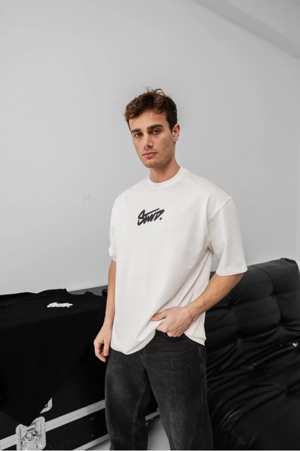 Erkek Baskılı Oversize T-shirt - Beyaz