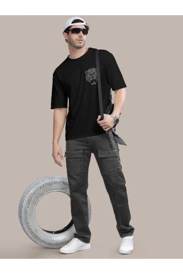 Erkek Baskılı Oversize T-shirt - Siyah