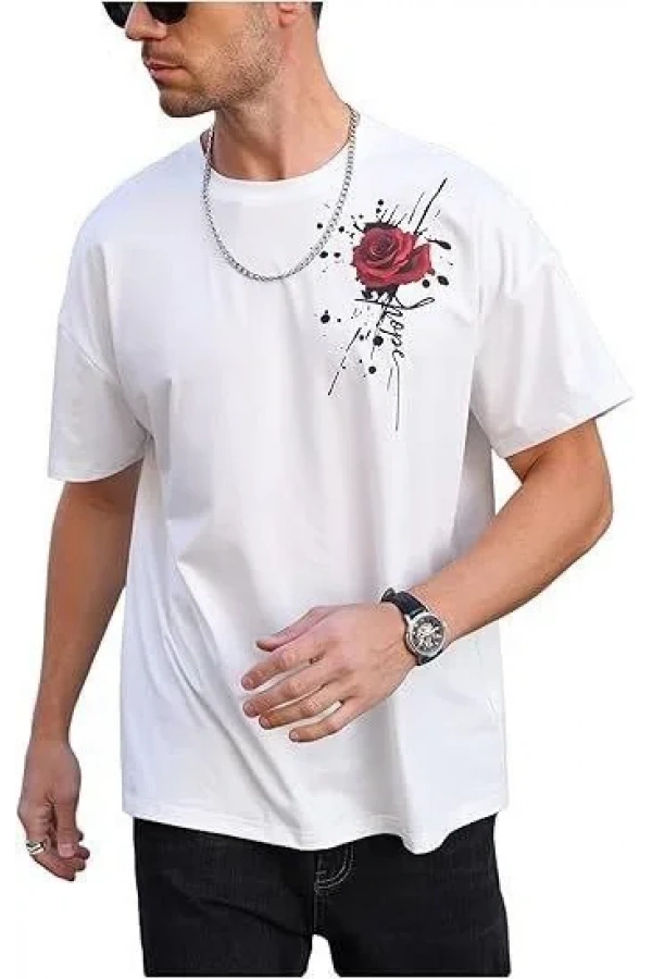 Erkek Bisiklet Yaka Kısa Kol Baskılı T-shirt - Beyaz