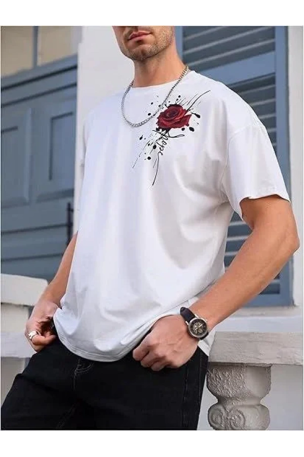 Erkek Bisiklet Yaka Kısa Kol Baskılı T-shirt - Beyaz